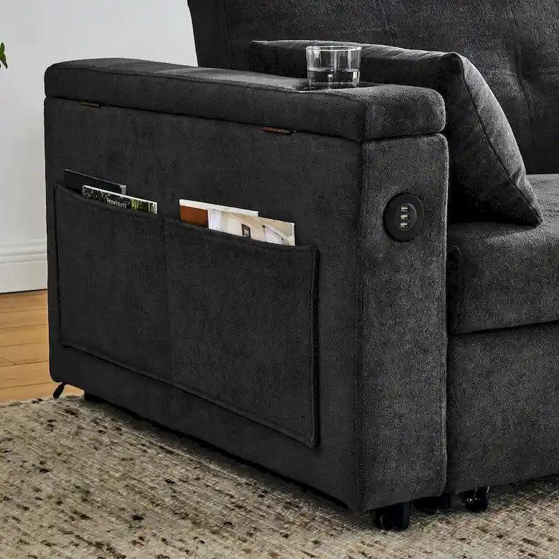 Sofa rozkładana 54, 2-osobowa sofa z funkcją spania i rozkładanymi fotelami, schowkiem, poduszką lędźwiową i gniazdem USB