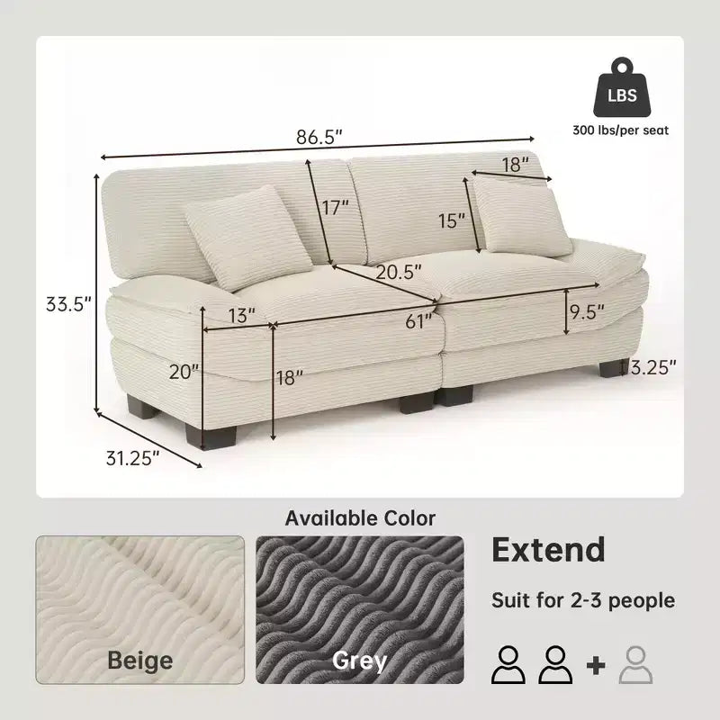 Beige corduroybank van 87 inch met 2 kussens, diep zitbank in de vorm van een zeilboot voor woonkamer, kleine ruimte, kantoor of appartement - Morden Fort