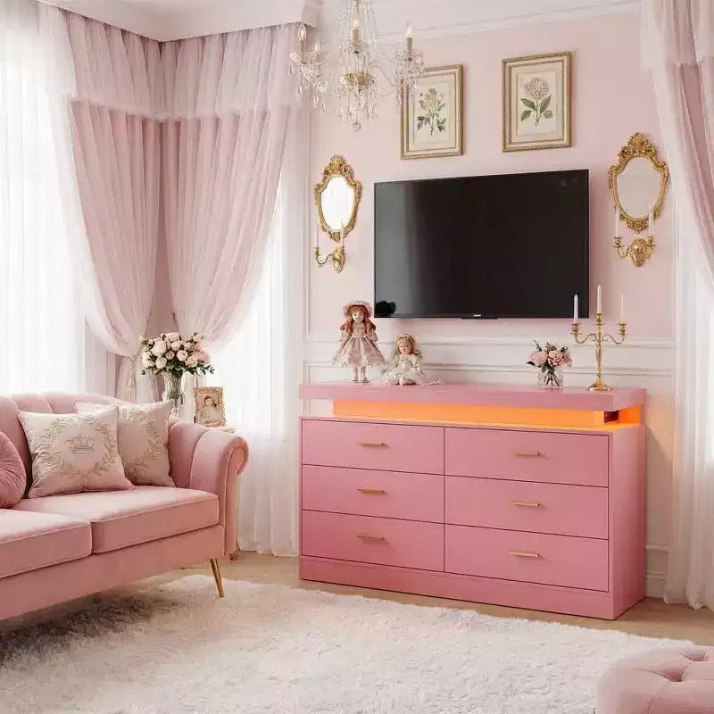 Meuble TV moderne avec 6 tiroirs et éclairage LED, comptoir flottant faisant office de bar à café pour centre de divertissement du salon