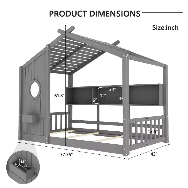Twin/Full Size House Platform Bed Frame Toddler Floor Bed Kids Montessori Bed Playhouse Bed with Storage Shelf - ModernLuxe