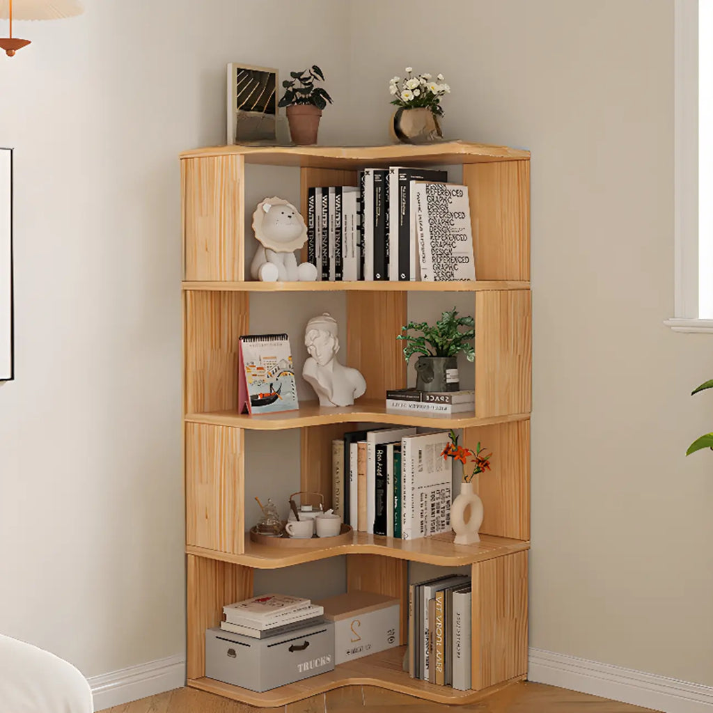 Bibliothèque verticale en bois en forme de L, finition naturelle, dos ouvert