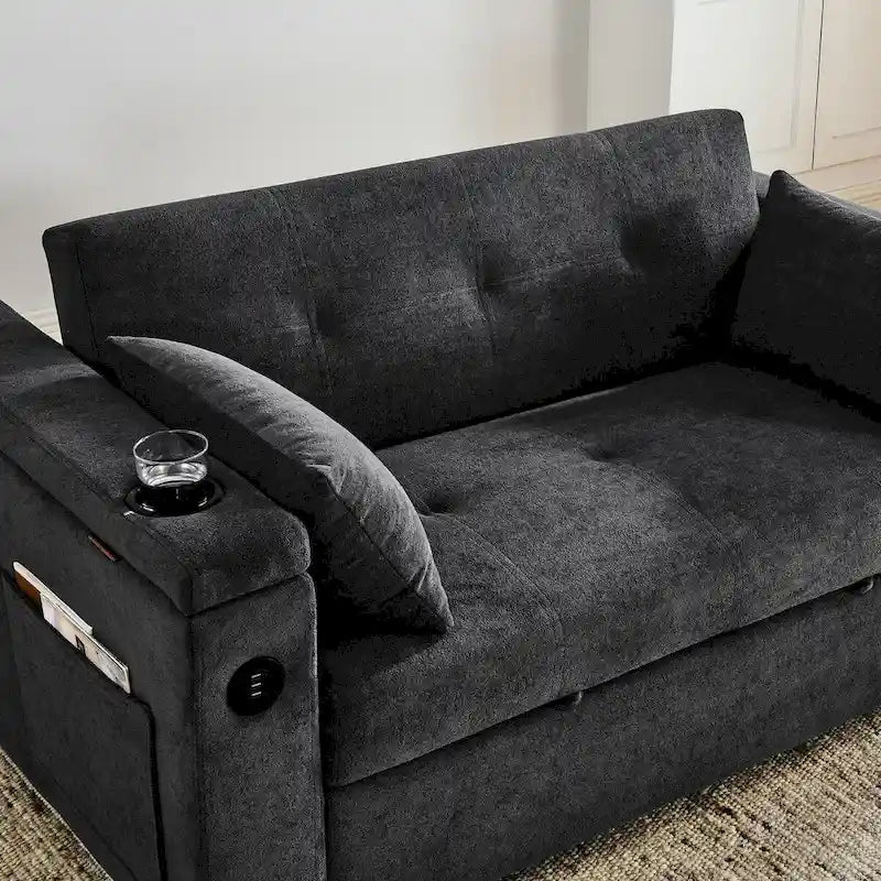 Sofa rozkładana 54, 2-osobowa sofa z funkcją spania i rozkładanymi fotelami, schowkiem, poduszką lędźwiową i gniazdem USB