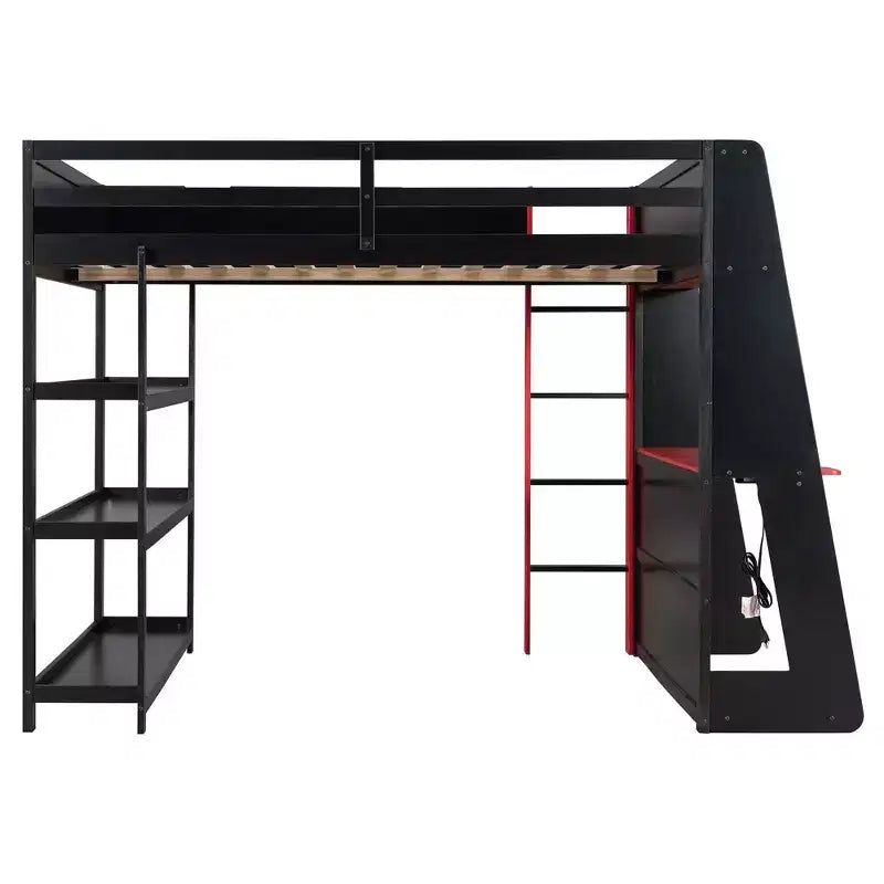 Luxystar großes Gaming-Hochbett mit Schreibtisch, Stauraumregalen und Beleuchtung