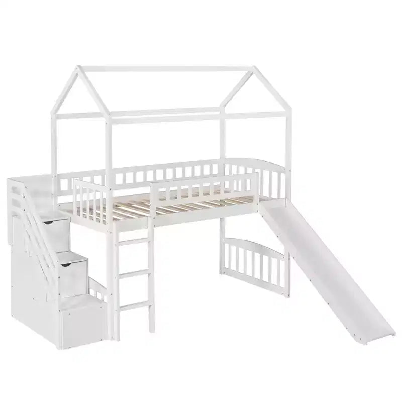 Twin House Loft Bed with Slide and Stairs, Loft Bed with Storage Drawers, Wood Cabin Loft Bed for Kids Toddlers