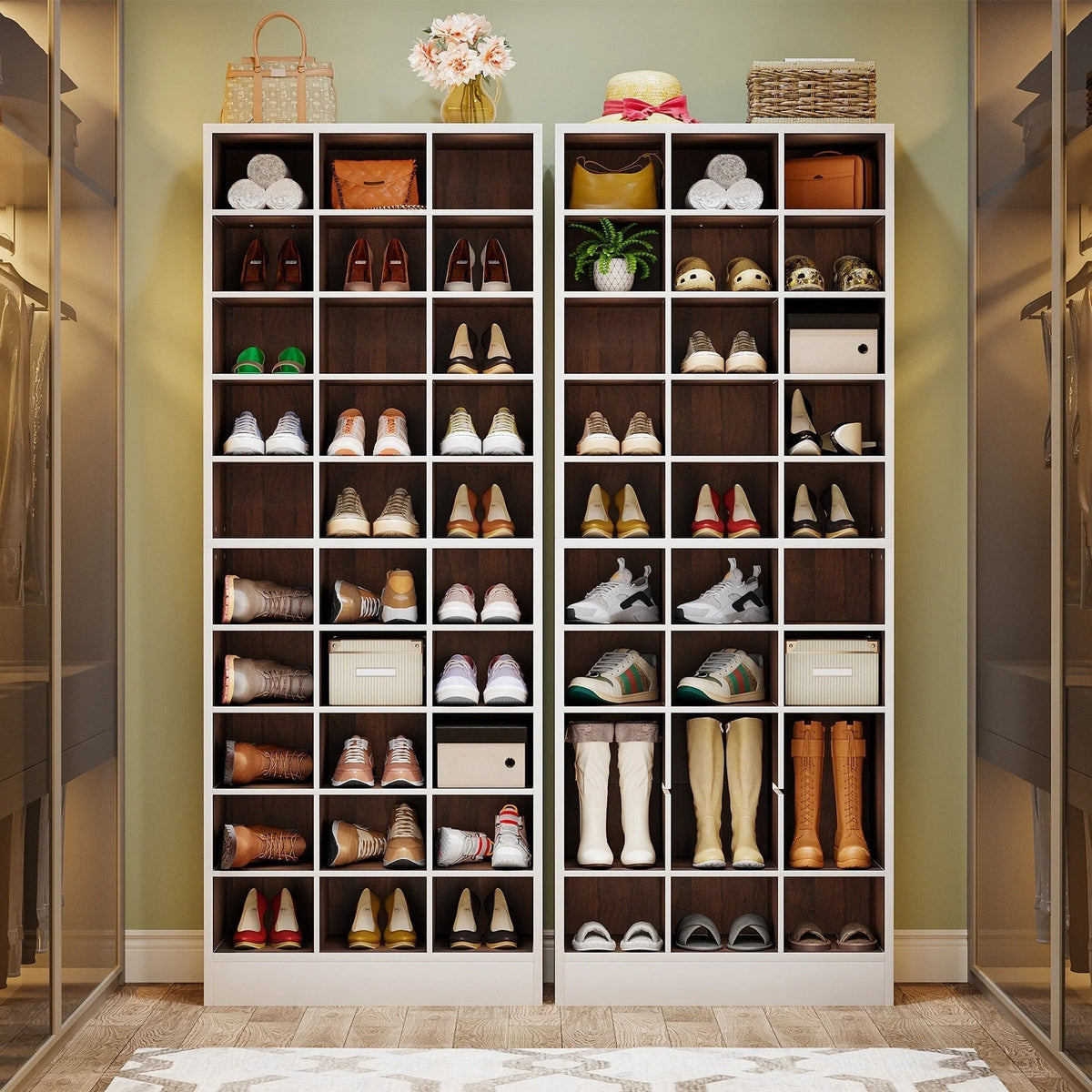 Hoge schoenenkast voor 30 paar schoenen, 10 etages, wit houten schoenenrek voor kledingkast en hal - 10 etages