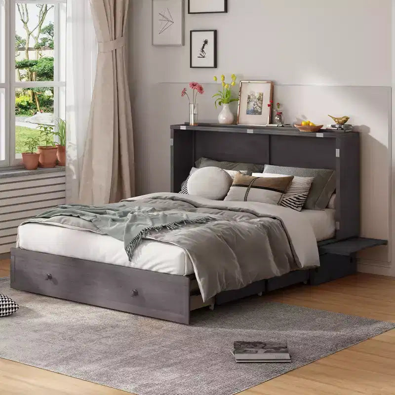 Cama abatible Mjkone tamaño queen, cama tipo armario cúbico con estación de carga y espacio de almacenamiento