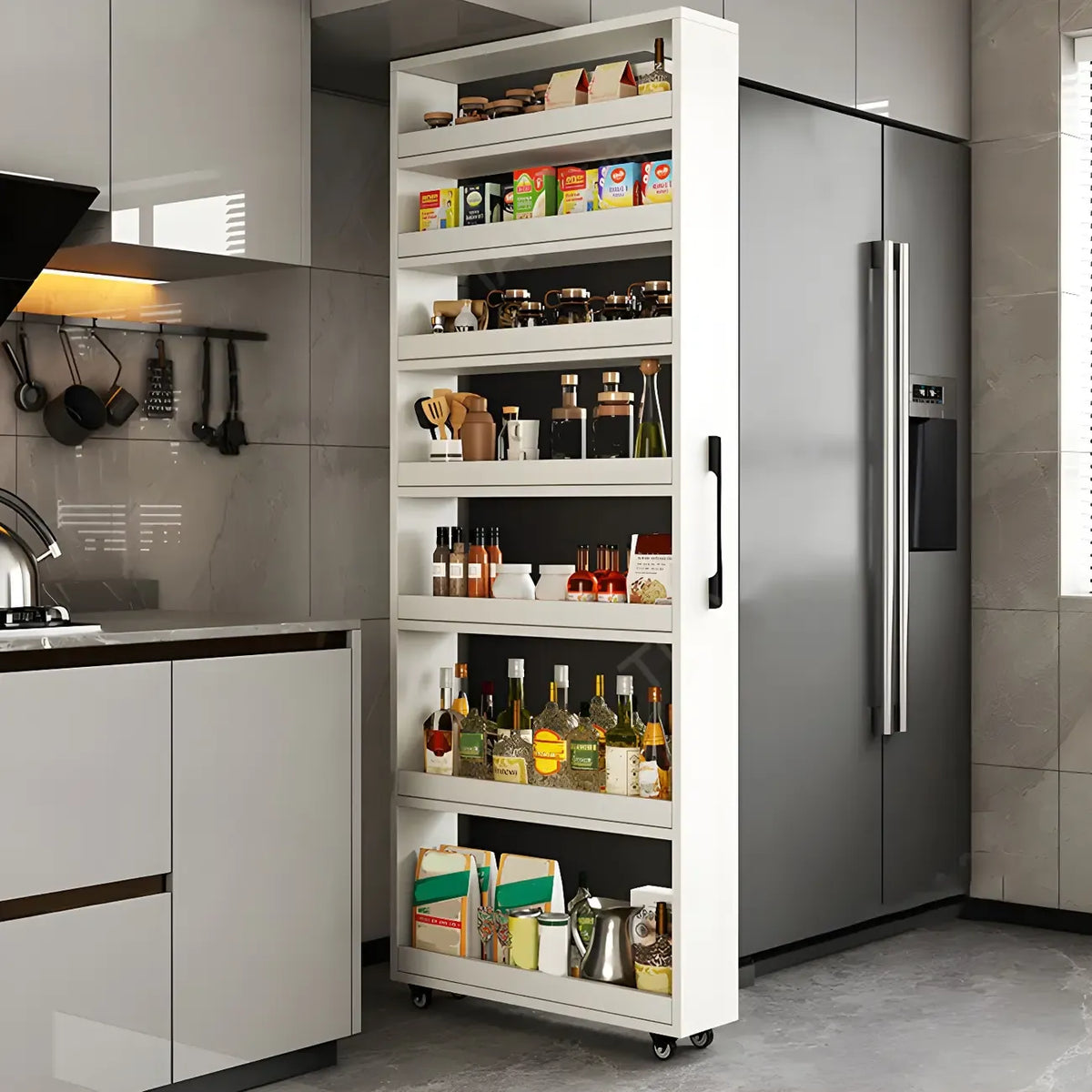 Buffet moderne en bois avec étagères ouvertes et roulettes