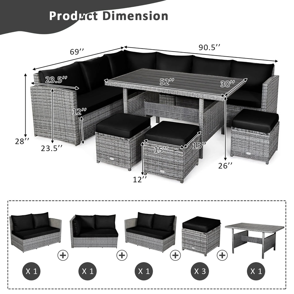 Costway 7-delige eethoek voor de patio van rotan, modulaire bank, fauteuil en voetenbank - Bekijk de details
