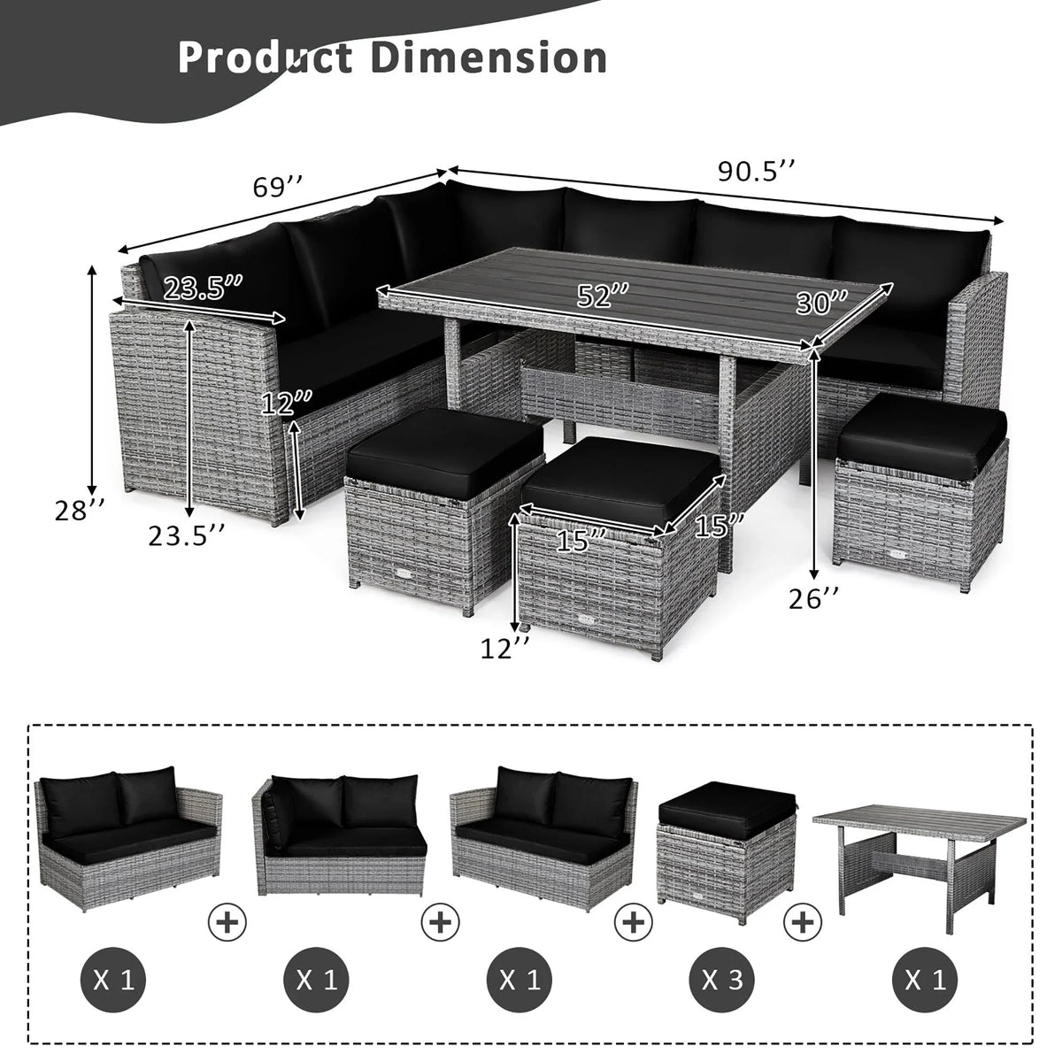 Costway 7-delige eethoek voor de patio van rotan, modulaire bank, fauteuil en voetenbank - Bekijk de details