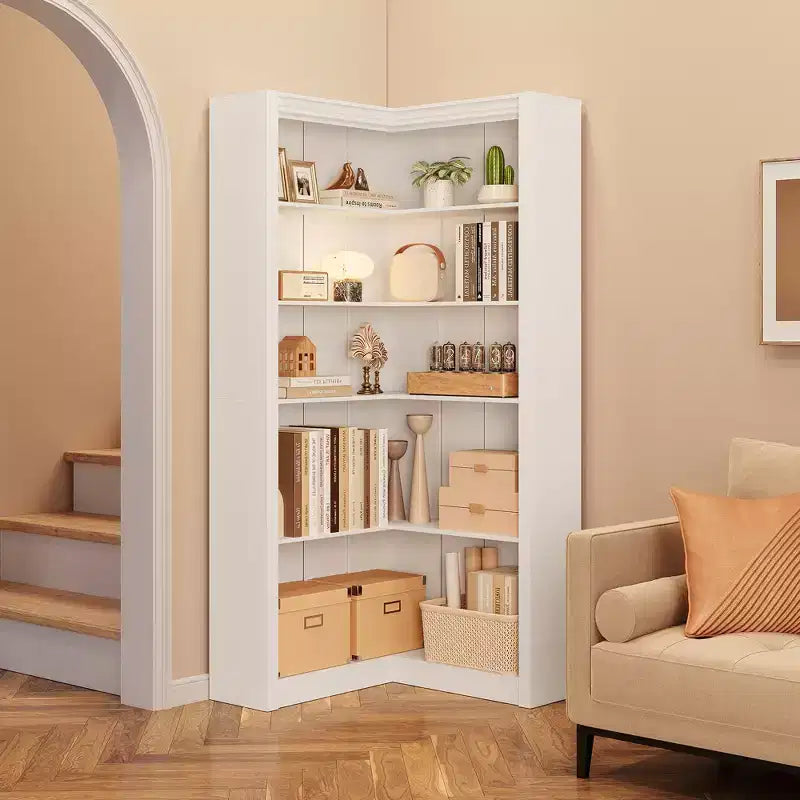 Siyah/Beyaz/Ahşap/Retro, L Şeklinde Köşe Kitaplığı, 5 Katlı, Tekli