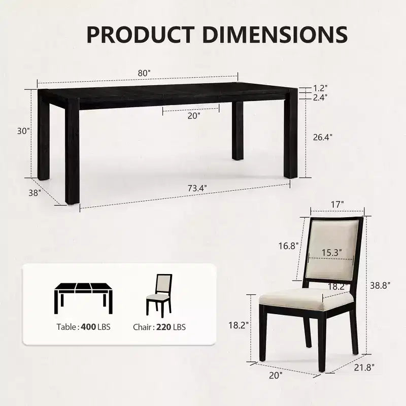 Modern Dining Set - 80 Table + 6 Cushioned Chairs, Solid Wood Frame, 400lbs Table Capacity, Easy Assembly