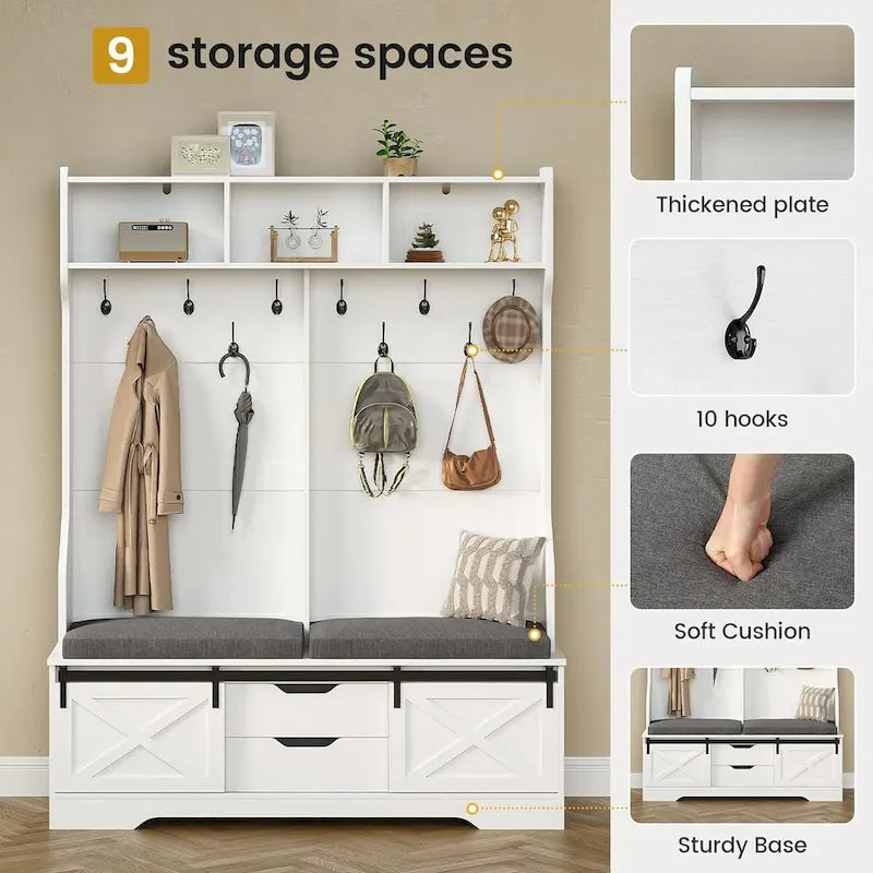 Vestiaire avec banc et rangement pour chaussures, portemanteau avec porte de grange
