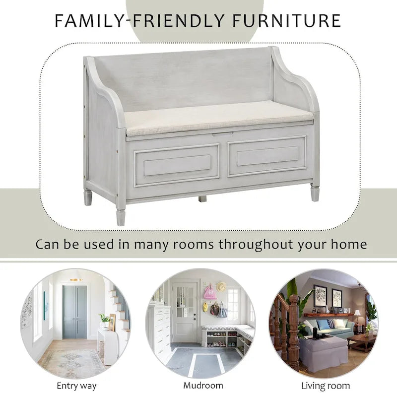 Rustic Solid Wood Entryway Storage Bench with Safety Hinge