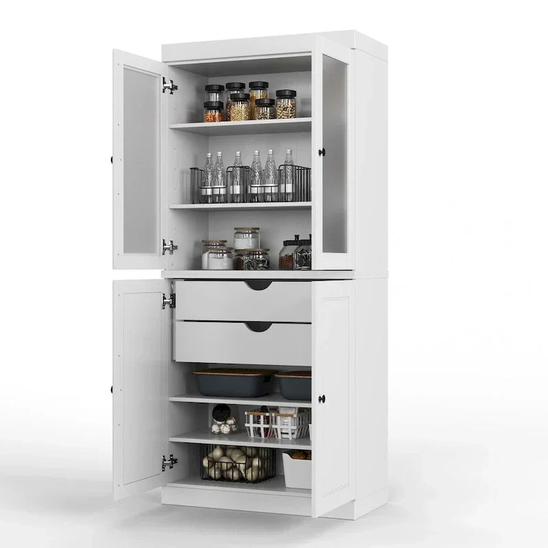 100% Solid Wood Pantry Cabinet with Frosted Glass Doors, Solid Doors, 2-Drawers and Adjustable Shelves
