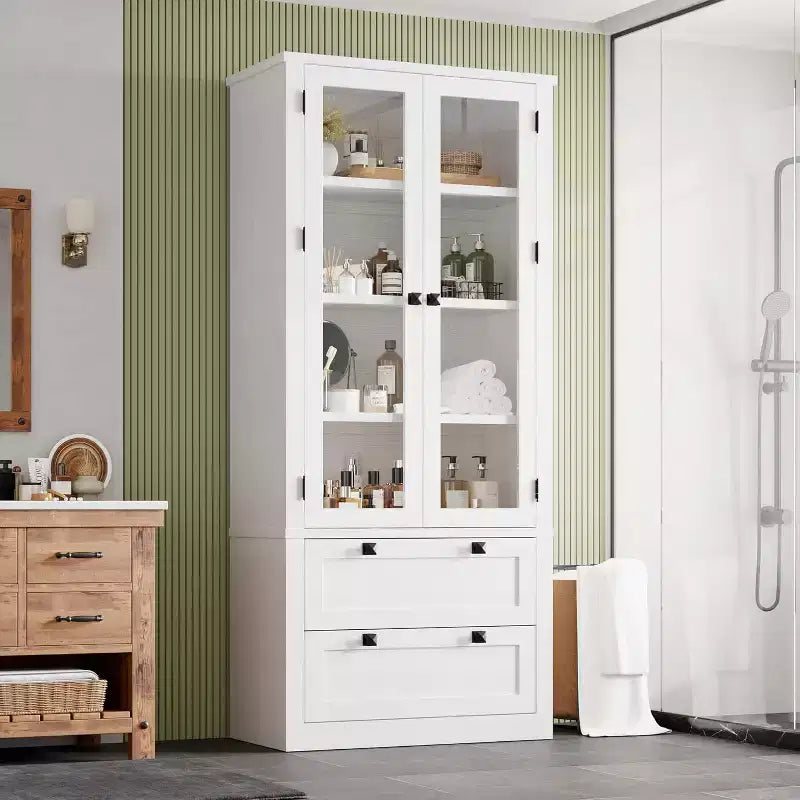 Farmhouse Kitchen Pantry Cabinet with Glass Doors, 72in Storage Cupboard with Drawers and Adjustable Shelves for Dining Room Bathroom Living Room