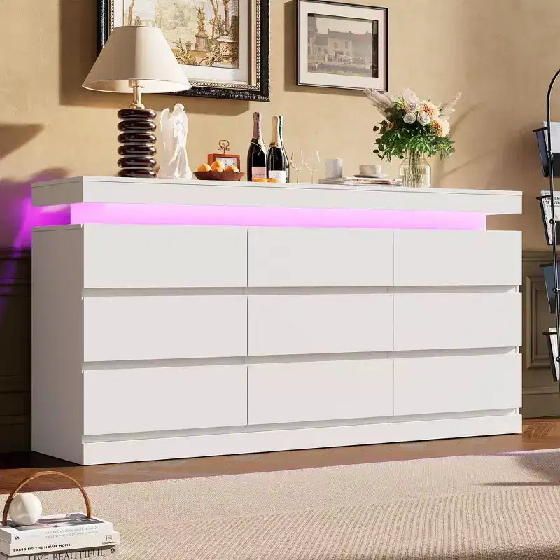 Cassettiera a 9 cassetti per camera da letto, cassettiera con stazione di ricarica e luci LED, armadio contenitore doppio in legno, cassettiera moderna e mobile TV
