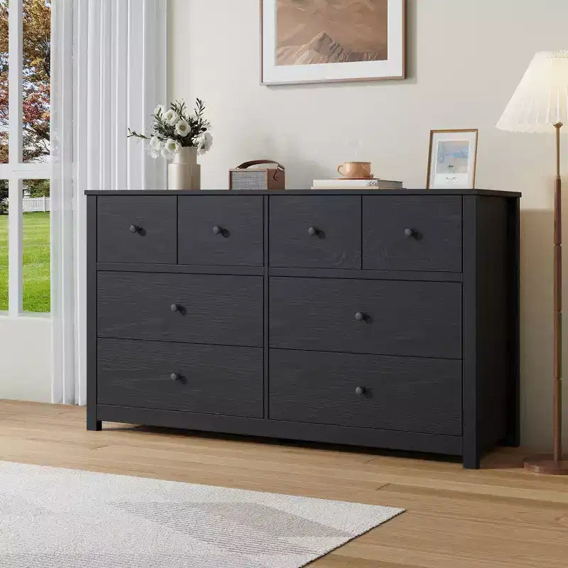 Moderner Kommodenschrank mit 8 Schubladen für das Schlafzimmer, breite Holzkommode mit tiefem Stauraum, freistehender Organizer-Schrank für das Wohnzimmer