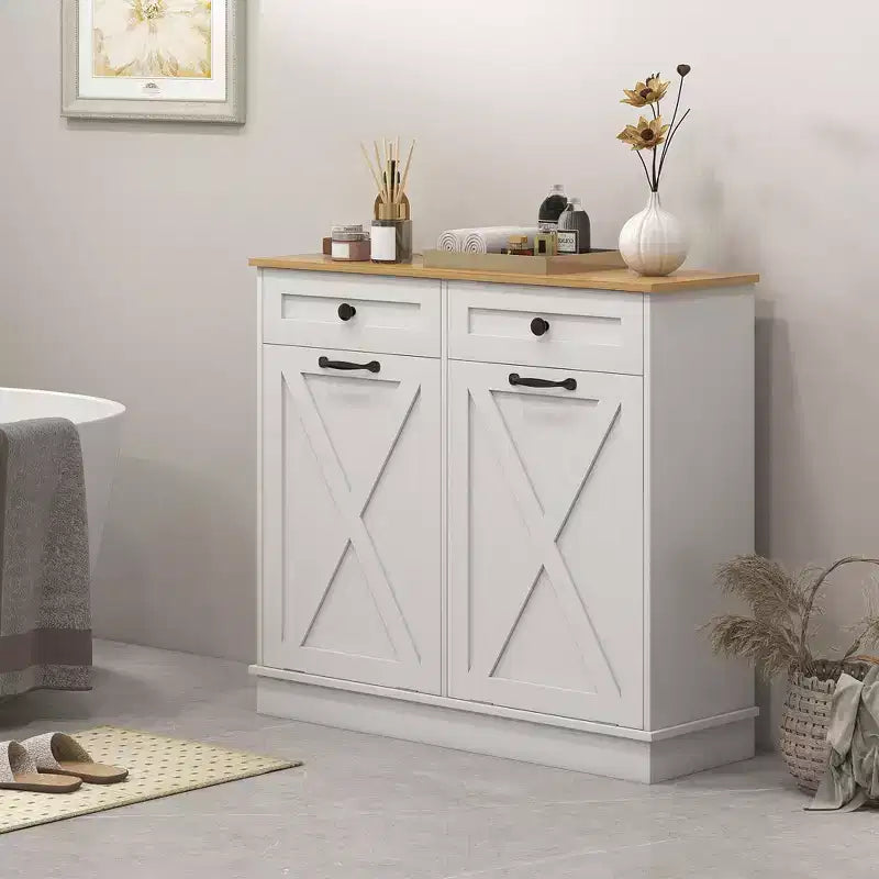 HOMCOM Tilt Out Laundry Hamper Cabinet Bathroom Storage Cabinet with 2 Removable Baskets and 2 Drawers
