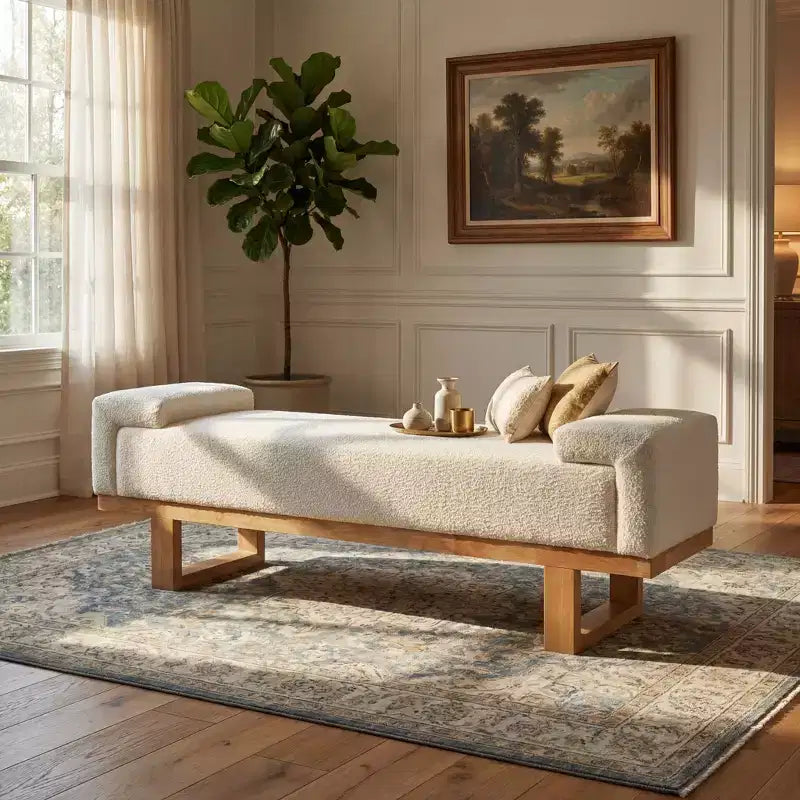 Christopher Knight Home Paulina moderne Sitzbank aus Gummibaumholz mit Bouclé-Polsterung