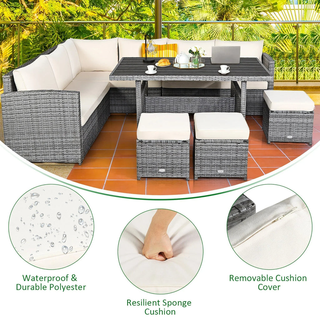 Costway 7-delige eethoek voor de patio van rotan, modulaire bank, fauteuil en voetenbank - Bekijk de details
