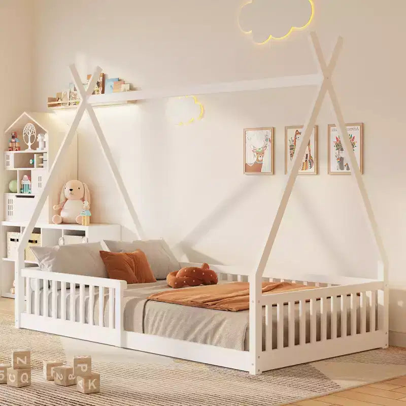 Floor Bed for Kids, Twin Size Tent Beds, Montessori Floor Bed with Slats and Fence Rails, Wood House Bed Frame for Boys Girls