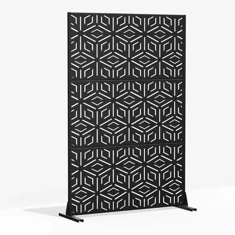 3-Panel Room Divider Screen with Geometric Pattern – Black Galvanized Steel