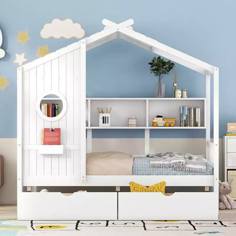 Holzhausbett in Twin-/Full-Größe mit 2 Schubladen, Kinderbett mit Ablagefach – ModernLuxe