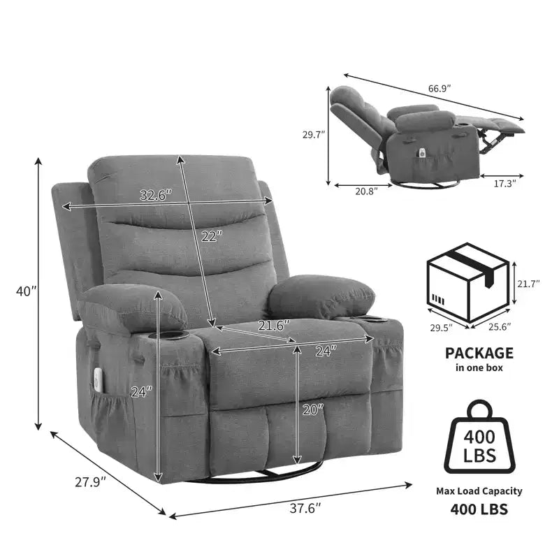 Draaibare relaxfauteuil met massage en warmte, 360°-schommelstoel met bekerhouders en zijvakken, ergonomische loungestoel voor woonkamer, camper en babykamer