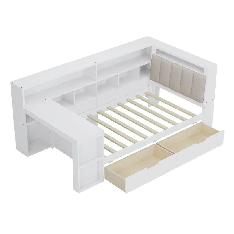 L-förmiges Holz-Sofa-Tagesbett mit Schreibtisch, Bücherregal-Schrank, Eckbett mit Schubladen unter dem Bett, gepolstertem Kopfteil und integrierter Beleuchtung