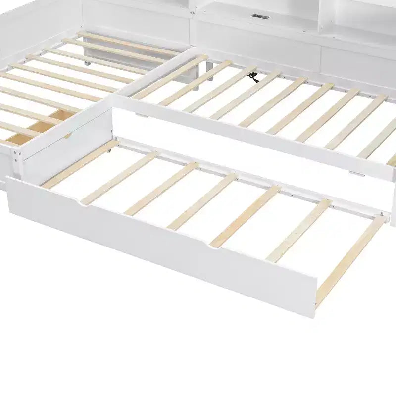 L-förmiges Plattformbett in Twin-Größe mit Ausziehbett und Ladestation, Holzbettrahmen mit Bücherregal