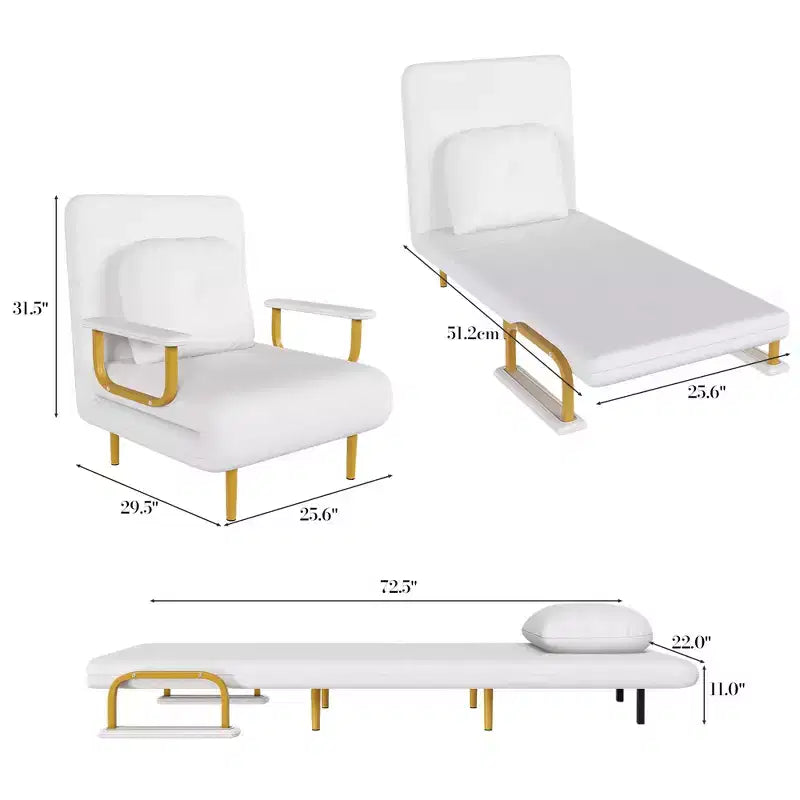Folding Sofa Bed 3-in-1 Convertible Chair - 5-Position Adjustable Backrest with Pillow, Space-Saving Sleeper for Living Room, Bedroom & Office (White)