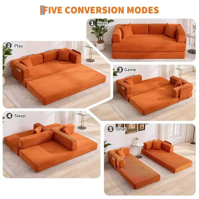Divano letto, materasso pieghevole 5-in-1 da 78,8 pollici, divanetto, struttura fissa in acciaio, velluto a coste con cuscini