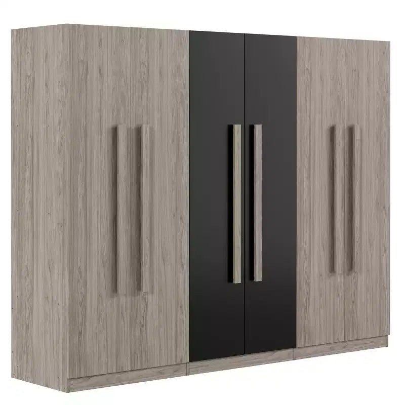 Szafa odzieżowa 83W z 6 drzwiami, garderobiana szafa do przechowywania z 2 szufladami, drążkami na ubrania i półkami, czarno-naturalna-ModernLuxe