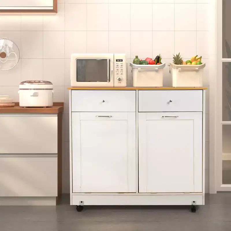 Mobiletto EROMMY per rifiuti con doppio ribaltamento e 2 cassetti, mobiletto per rifiuti con contenitore su ruote, bianco