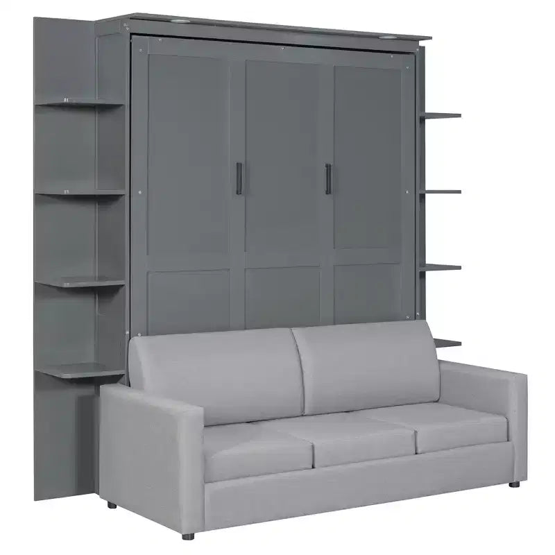 Lit escamotable mural Whisen au format queen, avec cadre en bois, canapé et étagères, au design moderne