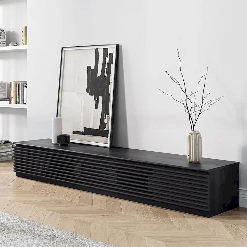 Minimalista TV-állvány fiókokkal, tömörfa médiakonzol szekrényekkel, lehajtható ajtóval, diófa furnérral, teljesen összeszerelve
