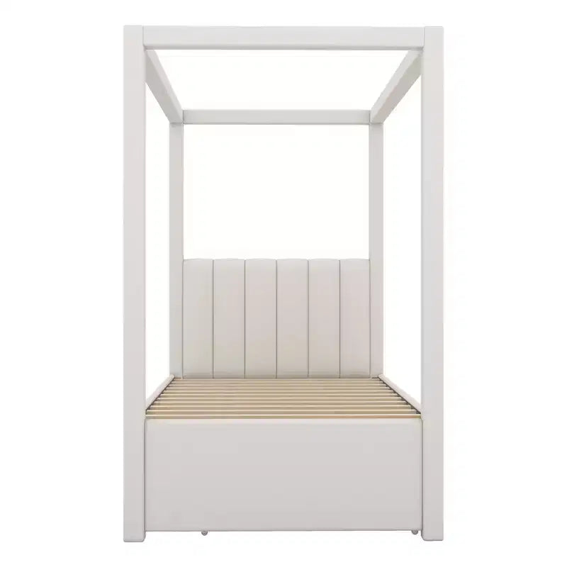 Letto a piattaforma a baldacchino matrimoniale con rivestimento in lino, letto estraibile e tre cassetti contenitori