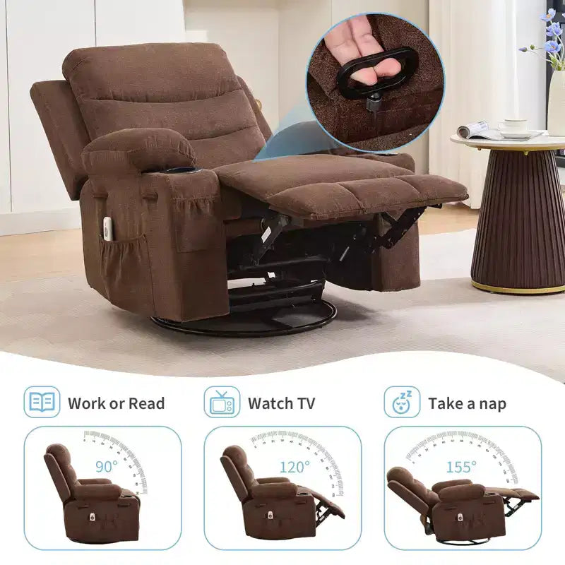 Sillón reclinable mecedor giratorio de 360° extragrande con masaje y calor: silla ergonómica de descanso con portavasos y bolsillos laterales para la sala de estar o el dormitorio infantil