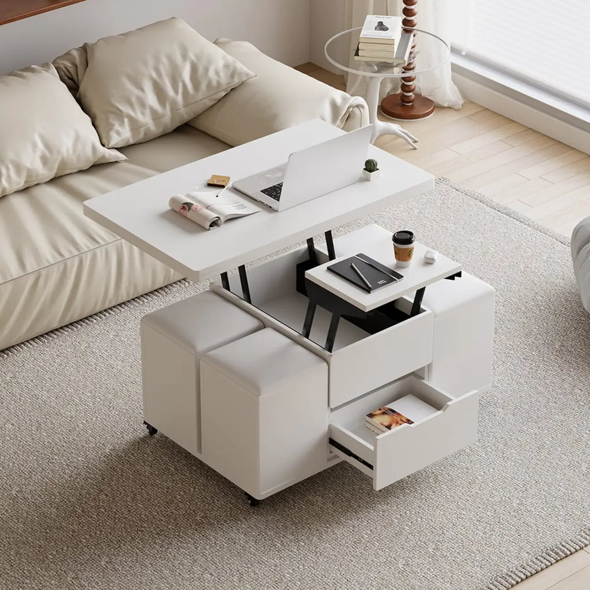 Klappbarer Couchtisch mit Hubfunktion, 4 Hockern und Stauraum