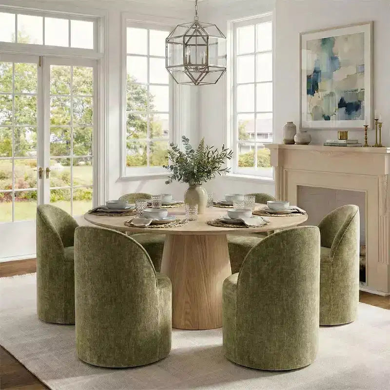 Set da pranzo moderno per 6 persone, tavolo da pranzo rotondo con base centrale, sedie a botte girevoli con ruote, in ciniglia testurizzata - Panipeachy
