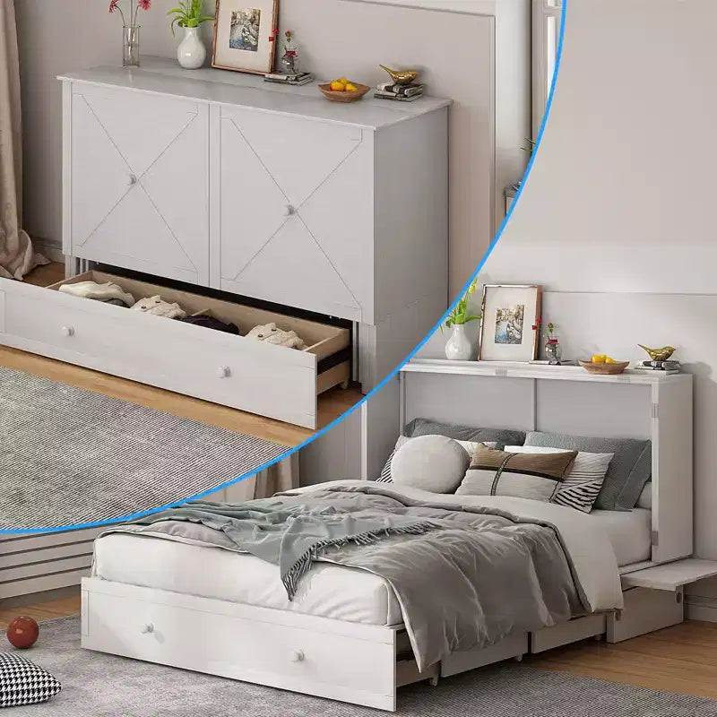 Mjkone Murphy Bed Queen,Cube Cabinet Chest Bed with Charging Station&Storage Space
