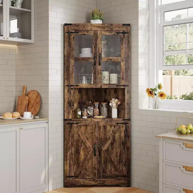 69 Tall Corner Cabinet, Farmhouse Corner Storage Cabinet, Space Saving Storage, Glass Door, Adjustable Shelves, for Living Room, Kitchen
