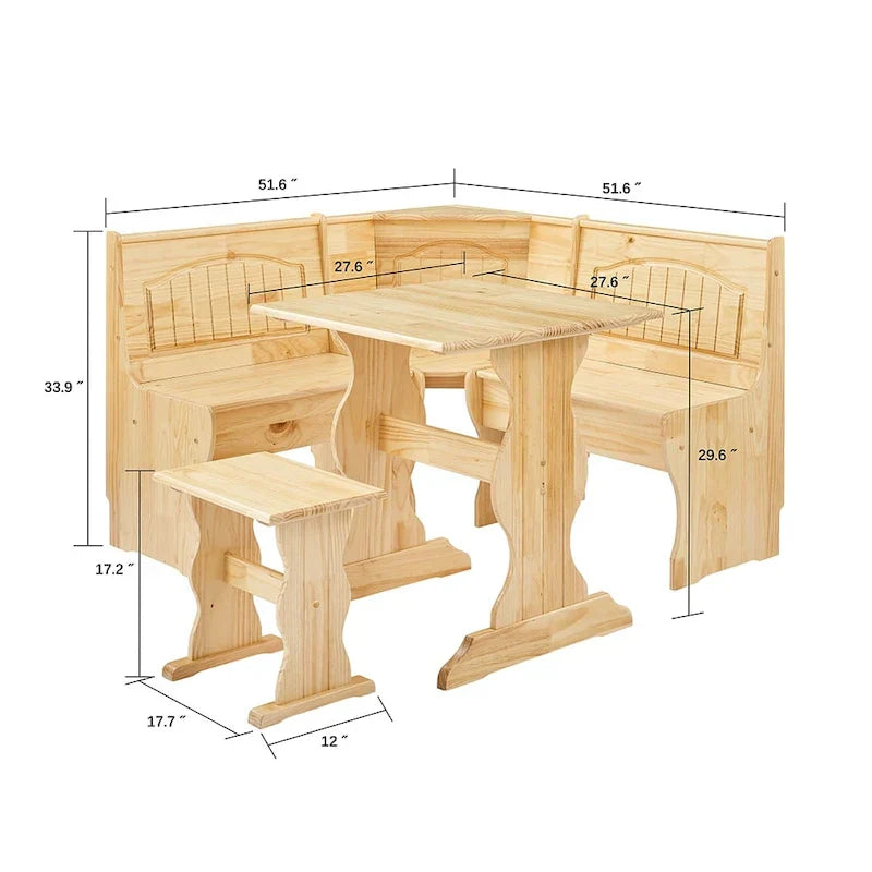 MUSEHOMEINC 3-teiliges Frühstücks-Esszimmerset im traditionellen Stil aus Massivholz mit Seitenbank und verstecktem Stauraum
