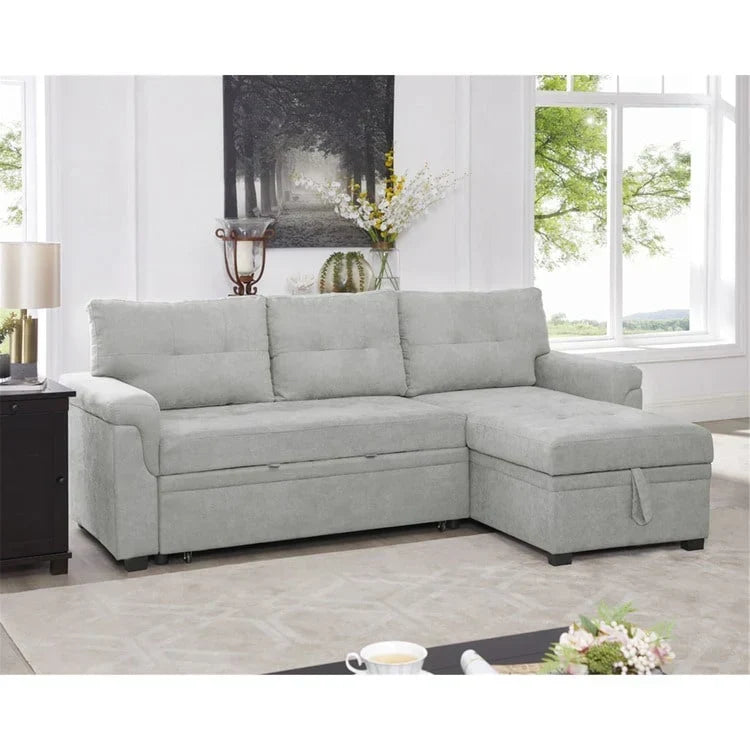 Divano componibile reversibile trasformabile con letto estraibile, chaise longue con contenitore nascosto e gambe resistenti