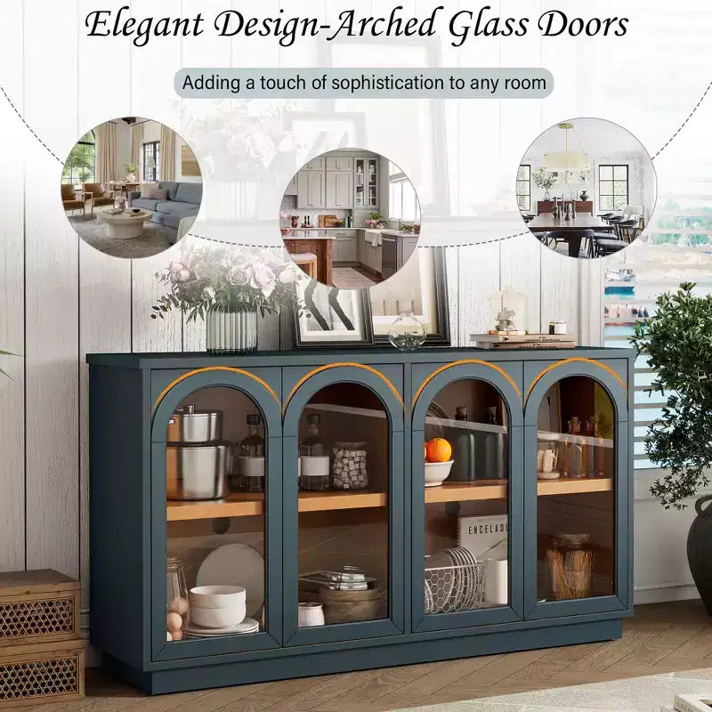 Grande buffet contenitore a 4 ante con ante in vetro, mobile ad arco con ripiani regolabili per la cucina