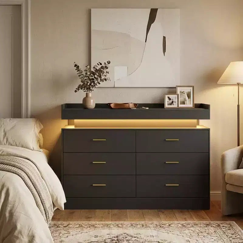 Meuble TV moderne avec 6 tiroirs et éclairage LED, comptoir flottant faisant office de bar à café pour centre de divertissement du salon