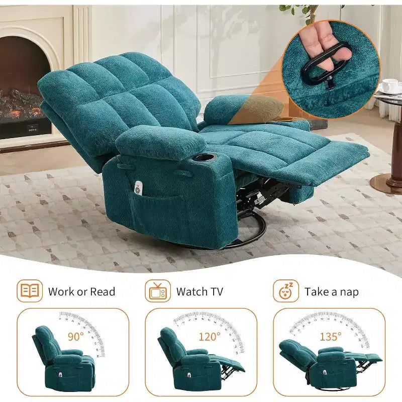 Oversized Recliner Chair for Adults, Manual Swivel Rocker Sofa, Side Pockets & Cup Holders for Big and Tall Persons, Living Room
