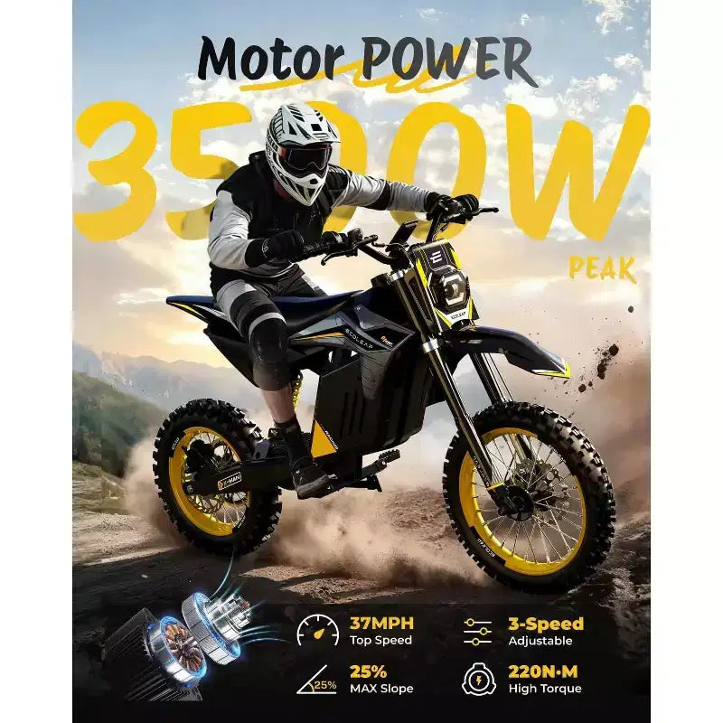 ECOLEAP 3500 W csúcsteljesítményű elektromos terepmotor tinédzsereknek és felnőtteknek, 37 MPH terephasználatra alkalmas e-bike, 48 V 21 Ah akkumulátor, akár 55 mérföldes hatótávolság, 400 LBS, 13+