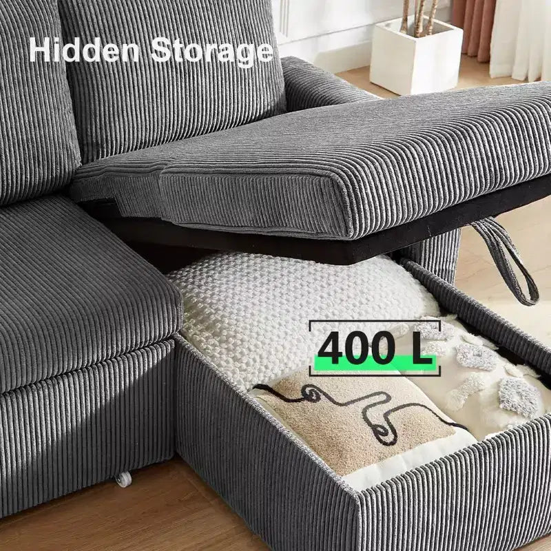 Dyonery 2-in-1-Schlafsofa zum Ausziehen mit Stauraum und Récamiere, Cord-Ecksofa mit USB-Anschlüssen für das Wohnzimmer