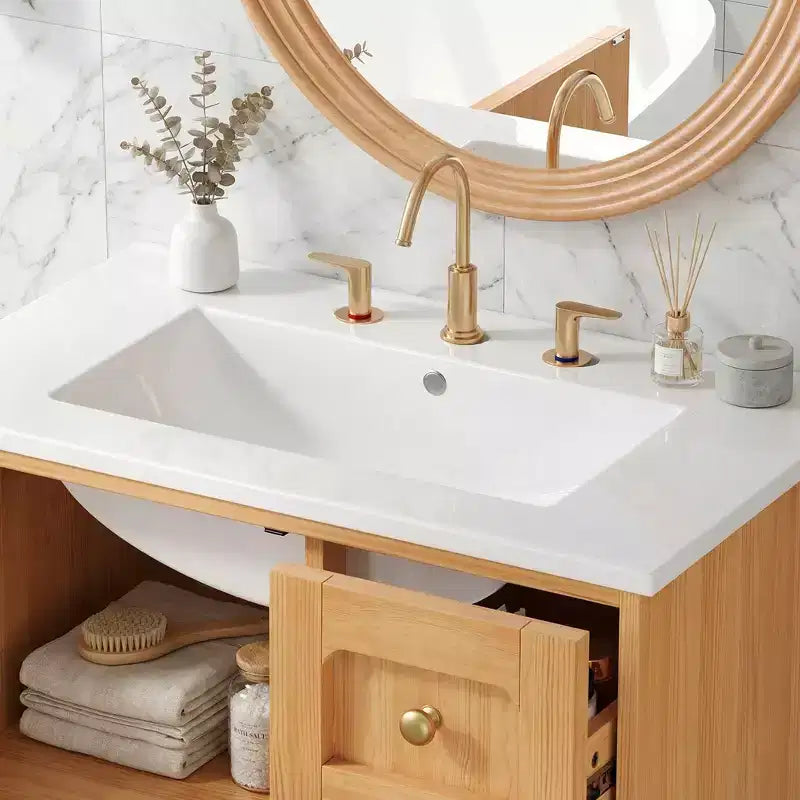 JVNOXK 30-inch Rustic Modern Ceramic Vanity Cabinet with 3 Drawers and 1 Large Soft-Close Door, Storage Cabinet, Natural Wood Grain